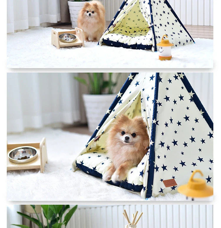 Portable pet tent with Native American-inspired design, versatile for indoor and outdoor use as a cozy dog bed, cat house, and toy house