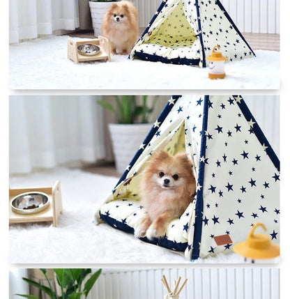 Portable pet tent with Native American-inspired design, versatile for indoor and outdoor use as a cozy dog bed, cat house, and toy house