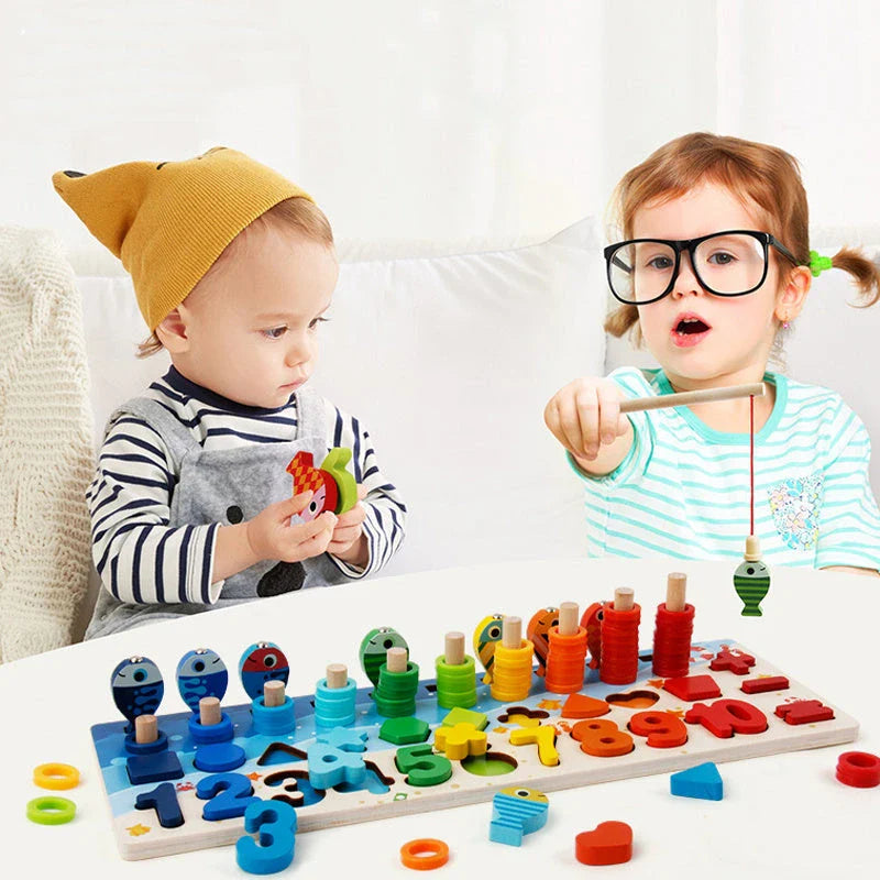 Colorful educational wooden toys for kids, featuring interactive games like math, counting, and shape matching to promote early childhood development