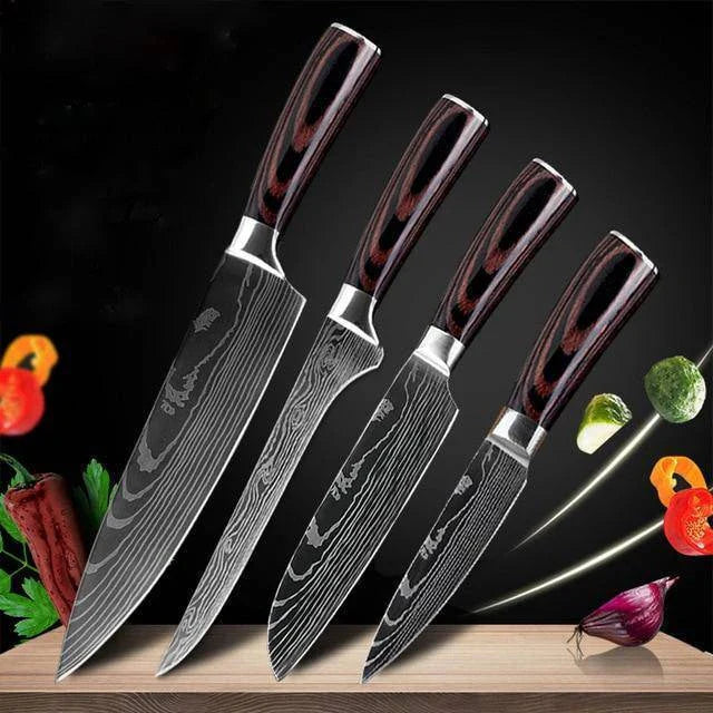 Premium 8-Piece Stainless Steel Chef Knife Set with Elegant Damascus Pattern Blades and Ergonomic Handles