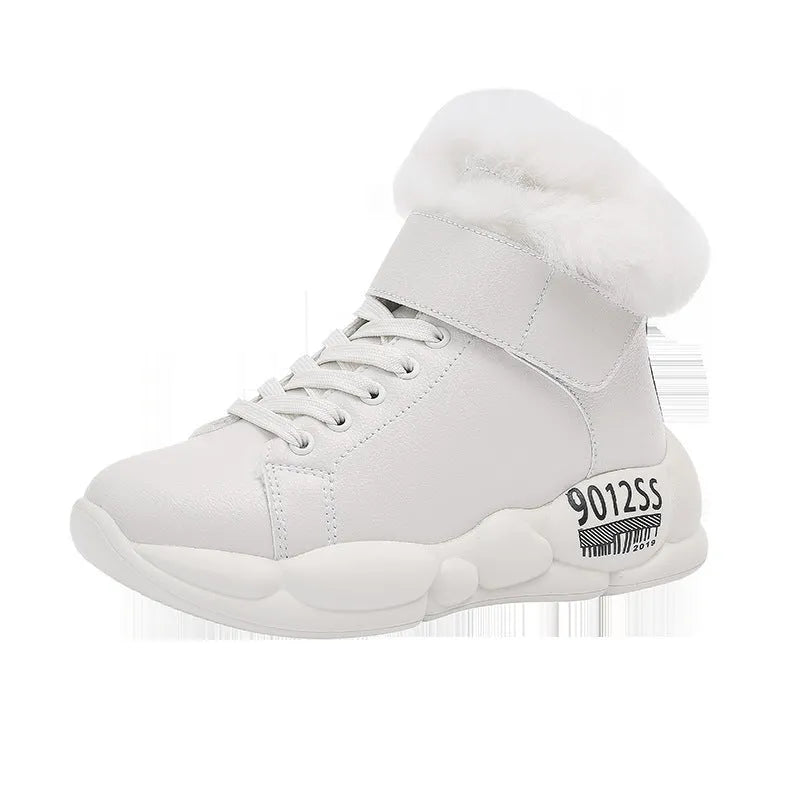 White warm snow boots, high upper, recycled leather and sheepskin leather, polyurethane sole, sizes 35-40