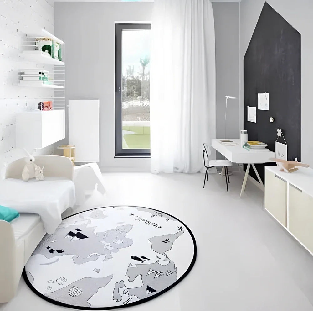 135cm circular world map play mat with cotton canvas and hand-printed illustrations of continents and animals