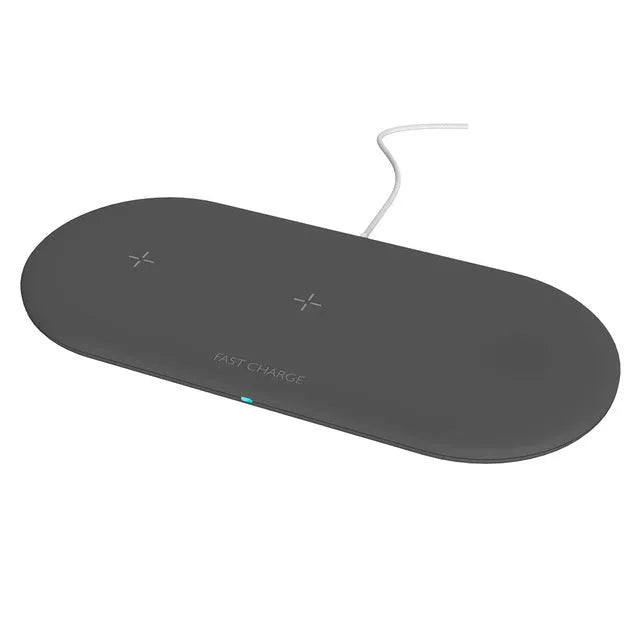 Black and white three-in-one desktop wireless charger for Apple iPhone, Watch, and headphones.