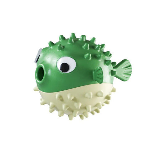 Yellow fish-shaped dog chew toy with convex texture and squeaker for aggressive chewers