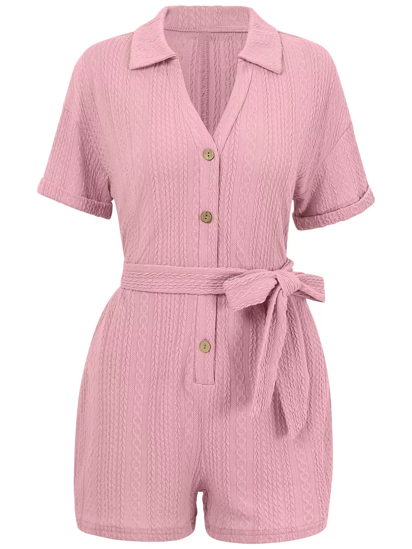 Women's short-sleeved jumpsuit with lace-up collar in pink, blue, and light green