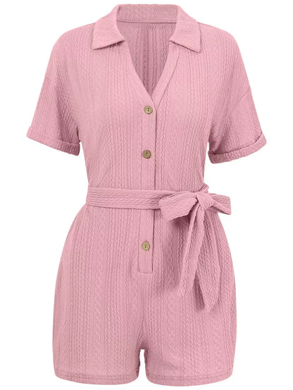 Women's short-sleeved jumpsuit with lace-up collar in pink, blue, and light green