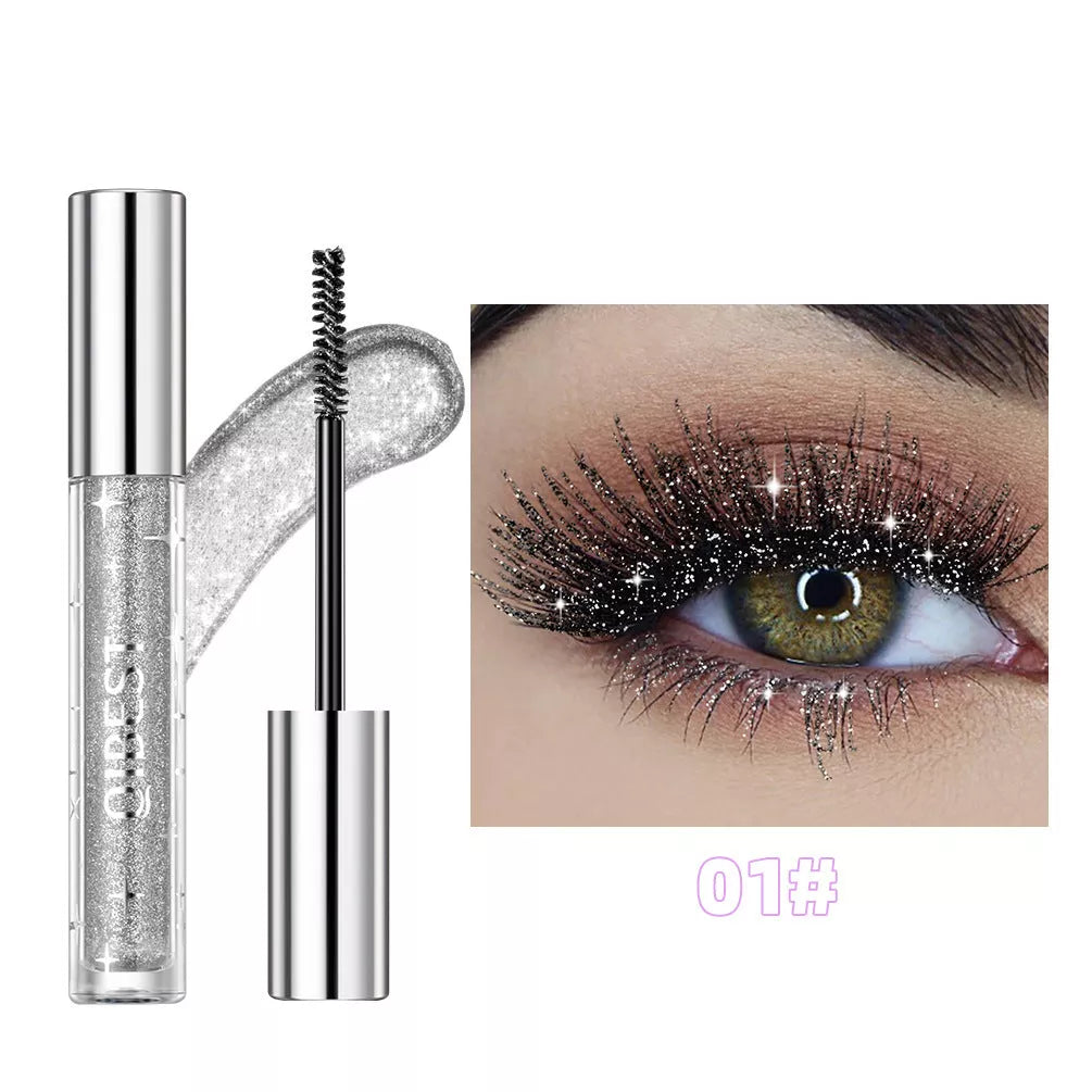 Violet Glitter Lash Mascara in gold, silver, and purple with quick-drying, waterproof formula