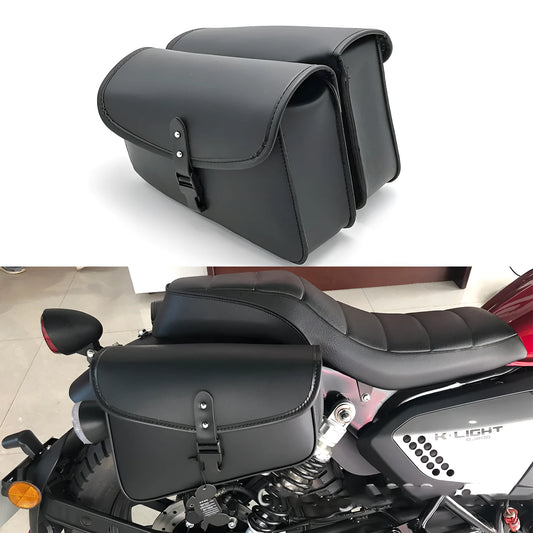 Black PU leather motorcycle swingarm side saddlebag for Harley Sportster with dimensions 30x24x20cm