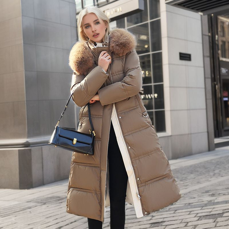 Hhomeenjoy Women's Long Slim-Fit Winter Jacket - Stylish Puffer Coat with Faux Fur Hood & Adjustable Belt