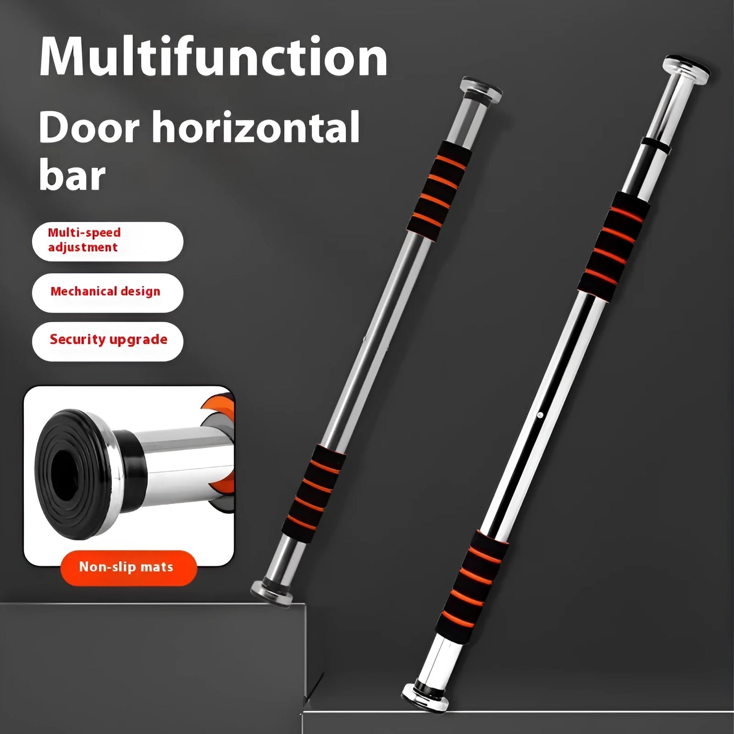Indoor pull-up bar mounted across door frame with stainless steel construction