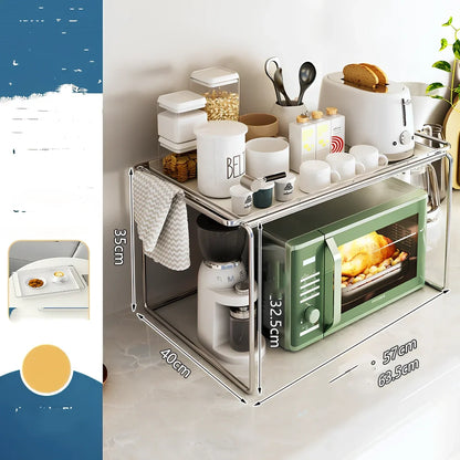 Korean style iron microwave shelf with plating finish and storage tray for kitchen organisation