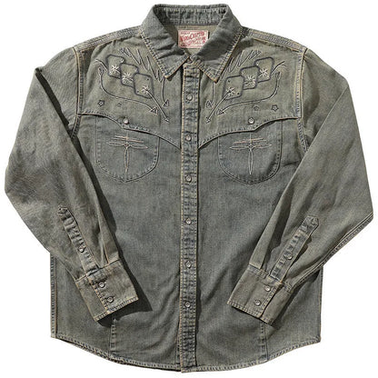 Aqua blue washed denim shirt with geometric embroidery and cardigan style front.
