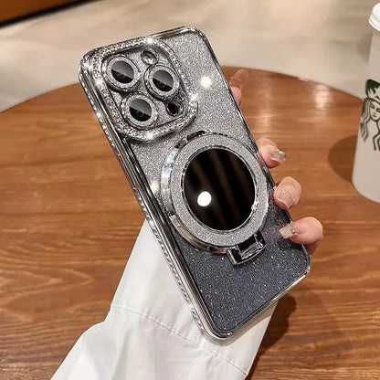 Glittering gradient iPhone case with an attached bracket for holding a makeup mirror.