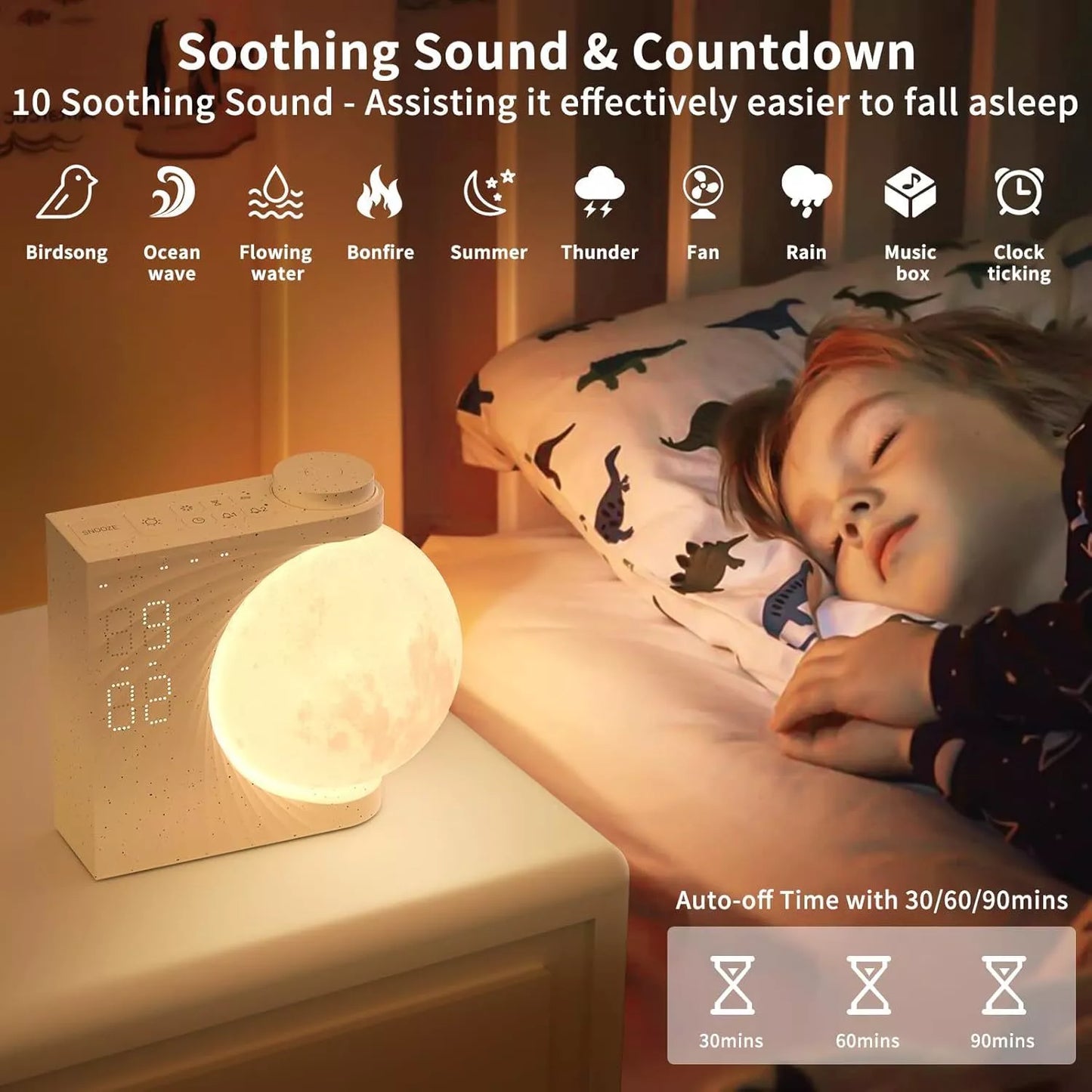 Moon Light Clock with wake-up light and dual alarm features on bedside table