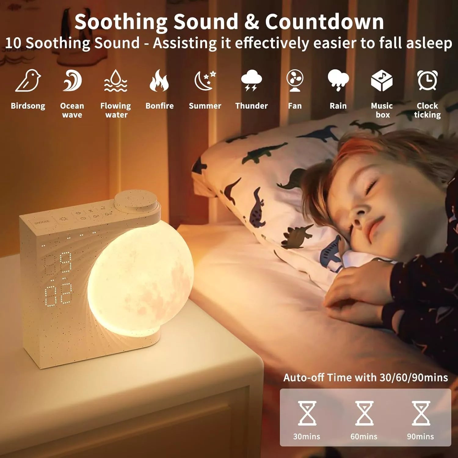 Moon Light Clock with wake-up light and dual alarm features on bedside table