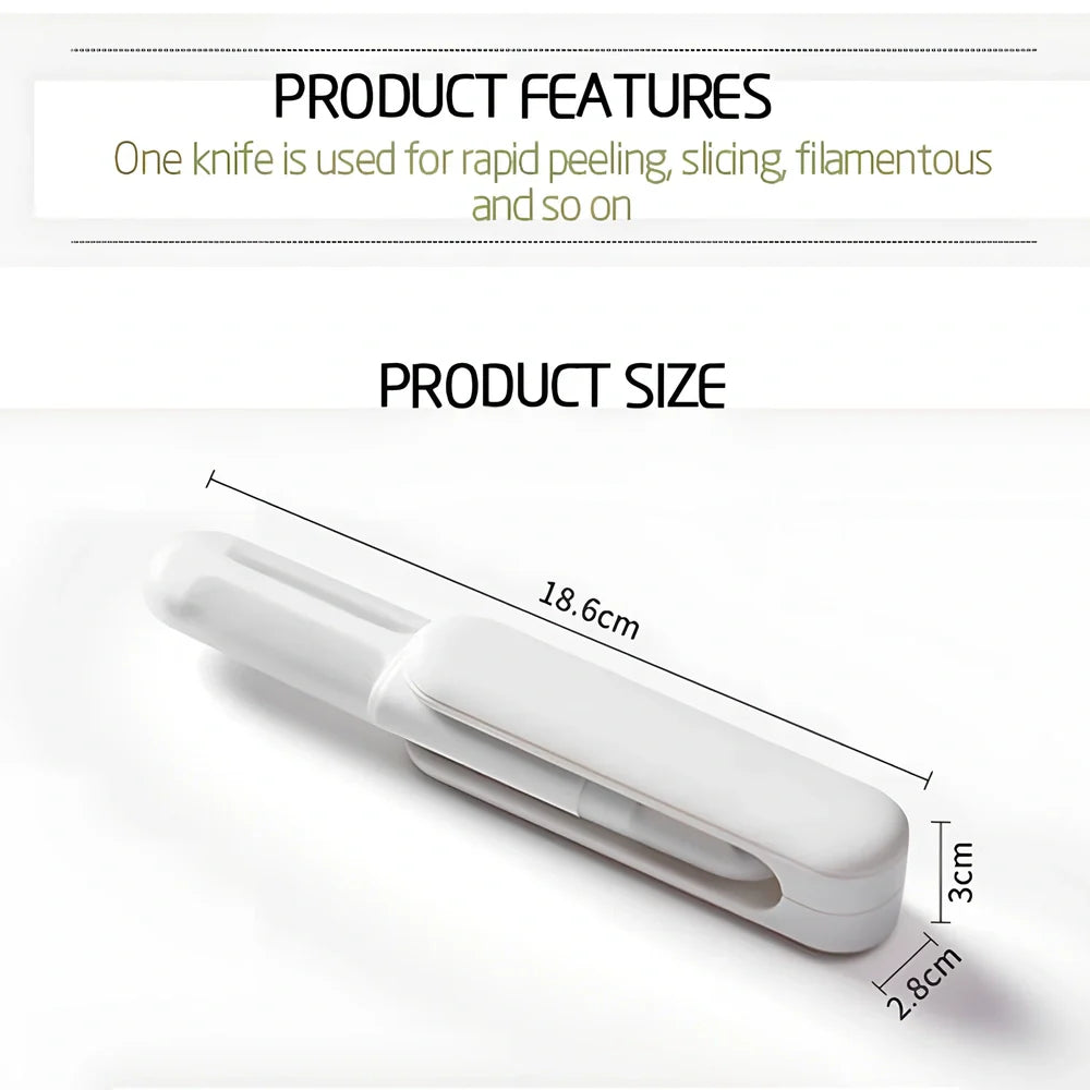 White 3-in-1 rotary paring knife with stainless steel blades showing 360° rotating mechanism