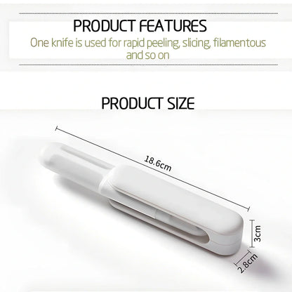 White 3-in-1 rotary paring knife with stainless steel blades showing 360° rotating mechanism