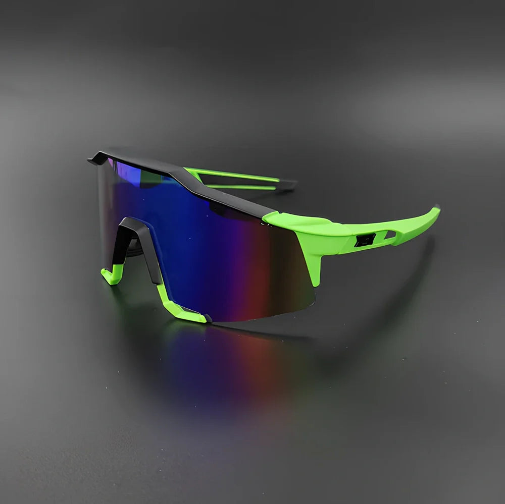 Cycling glasses with interchangeable lenses showing UV400 protection and lightweight frame design