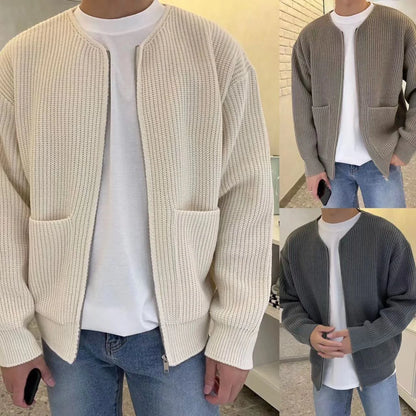 Men's zip-up knitted cardigan with funnel neck and pockets in various colors
