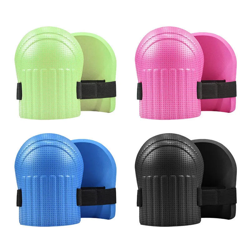 A pair of EVA foam kneepads in black, blue, green, and pink options for construction and auto repair work.