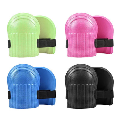 A pair of EVA foam kneepads in black, blue, green, and pink options for construction and auto repair work.