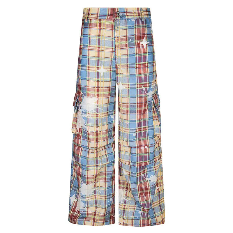 Men's retro plaid overalls with loose straight leg trousers in blue or yellow check pattern