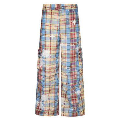 Men's retro plaid overalls with loose straight leg trousers in blue or yellow check pattern