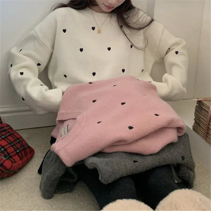 Women's loose fit acrylic pullover sweater with embroidered love pattern in milky white, grey, or pink
