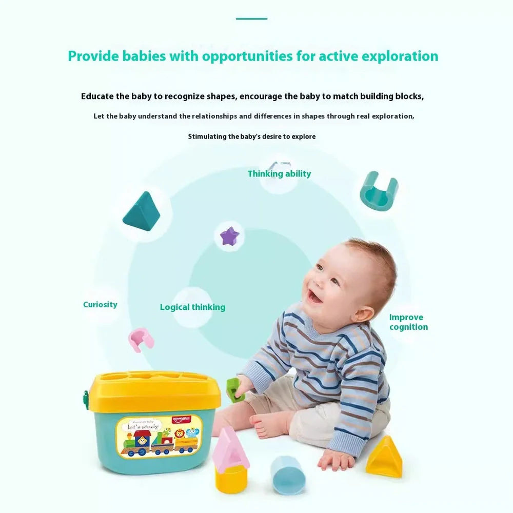 Six-sided plastic cube with shape matching slots for children's educational development