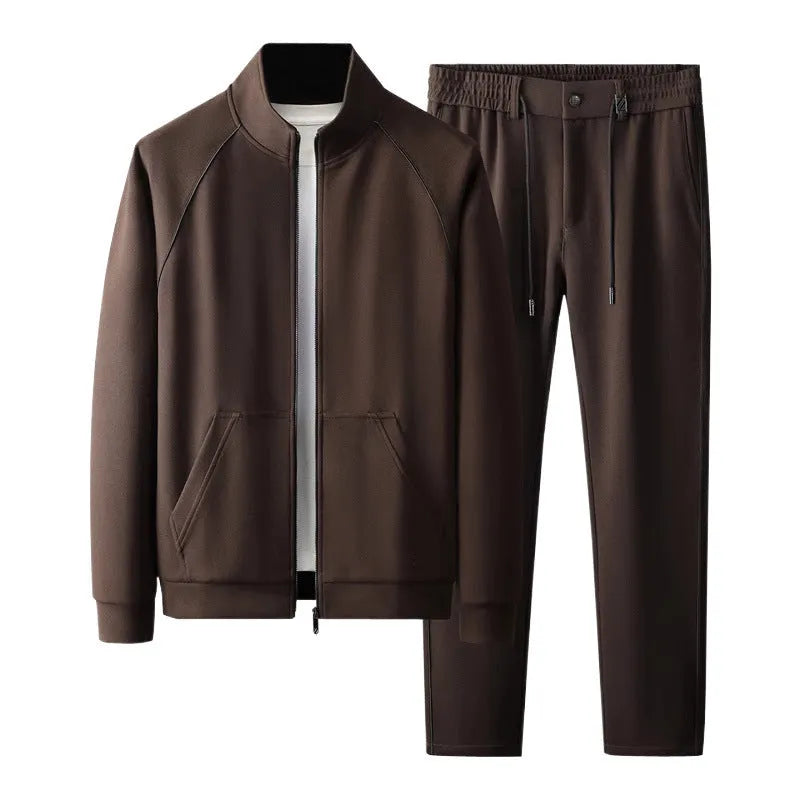 Stand collar casual sports suit in slim fit with long sleeves, shown in coffee colour, sized for weights up to 102.50kg