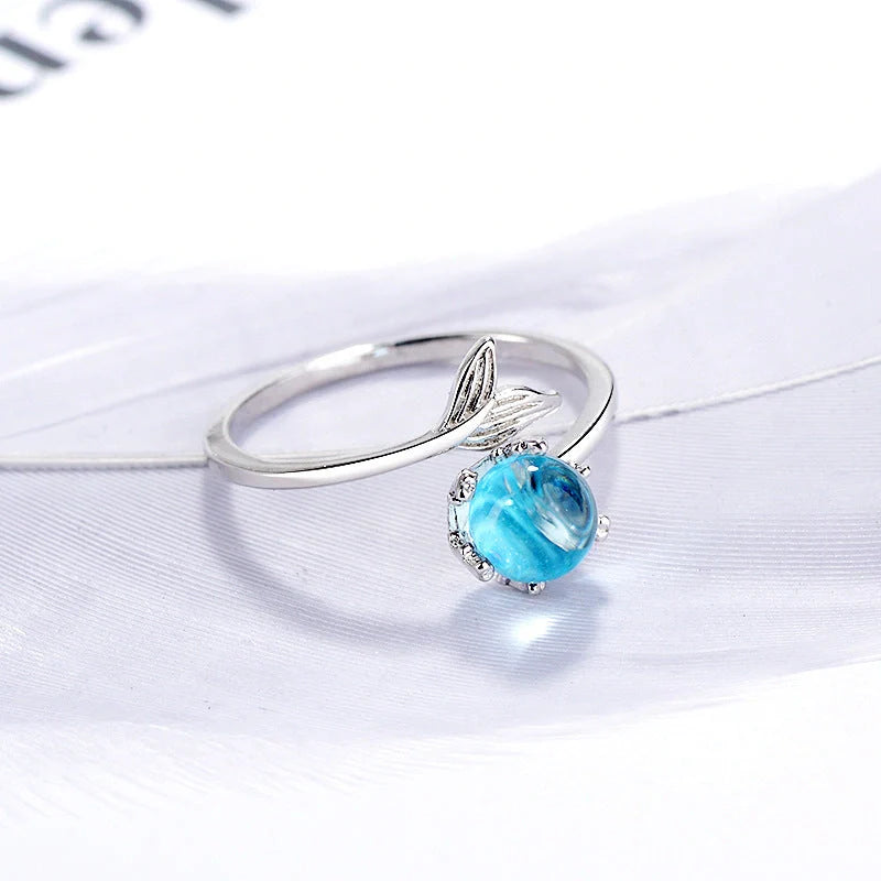 Adjustable mermaid tail ring in silver plated S925 with inlaid zircon stones