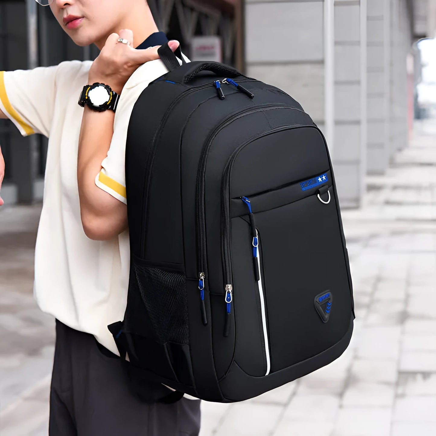 Men's Oxford cloth large capacity schoolbag with air pillow belt in red, green, blue, and black colour options