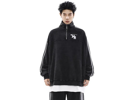 Black stand collar couple sweater with Hong Kong style design and polyester fibre construction