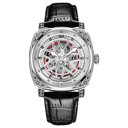 Stainless steel automatic mechanical men's watch with leather strap, 14mm thickness, available in blue, black, rose white, and white with black belt colours.