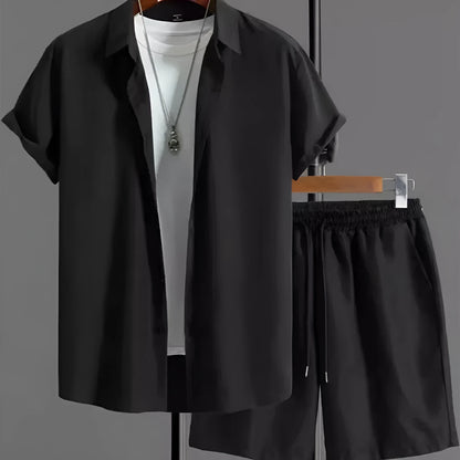 Jacquard short sleeve suit separates in chemical fibre blend polyester with shirt-style jacket and matching shorts