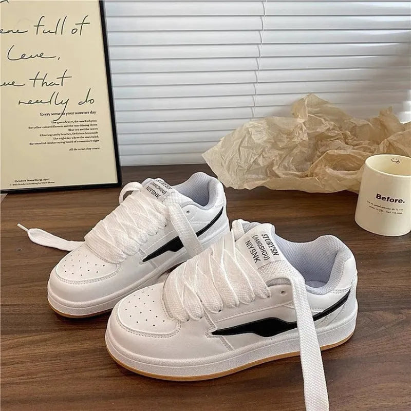 Women's low top board shoes in solid pink, white yellow, white black, or white red with mid heel and rubber sole