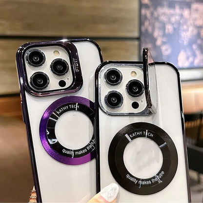 Magnetic electroplated mobile phone case for iPhone in dark purple with exposed leak-proof label detail