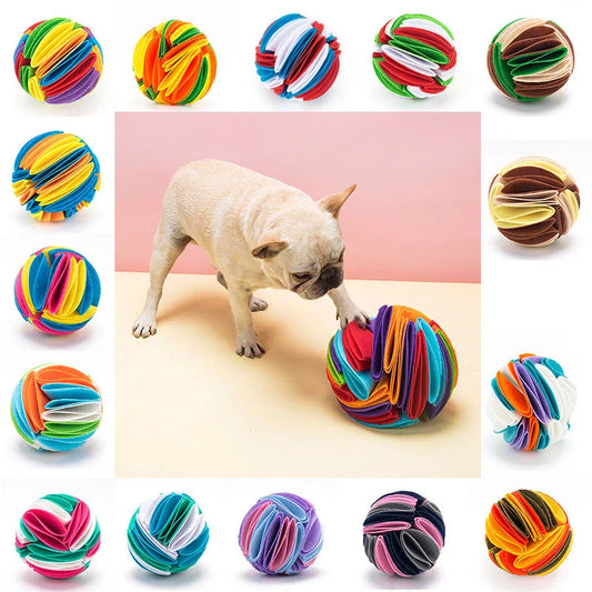 Foldable Dog Snuffle Ball Training Toy in various colors and sizes