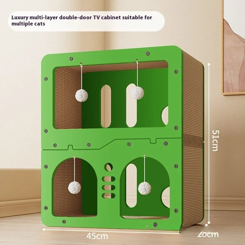 Double layer cat scratching board with owl design panel and integrated resting nest