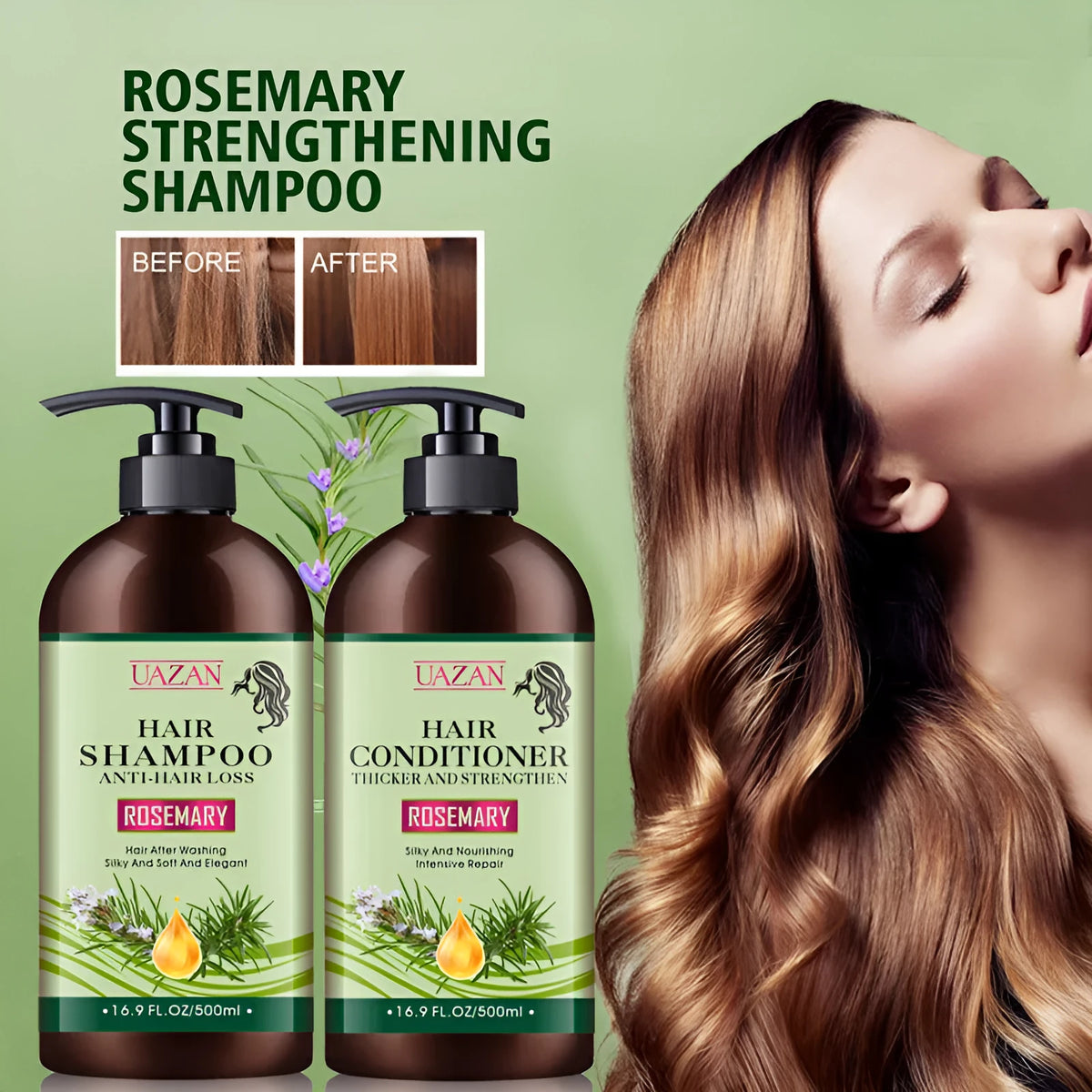 Rosemary shampoo and conditioner set with 500ml bottles, 250ml hair mask, and 50ml hair care oil