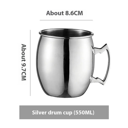 Stainless steel Moscow Mule cup with copper interior in gold, rose gold, silver, or black finish.