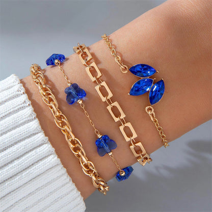 4-piece blue flower love butterfly bracelet set with rhinestones, perfect for Valentine's Day