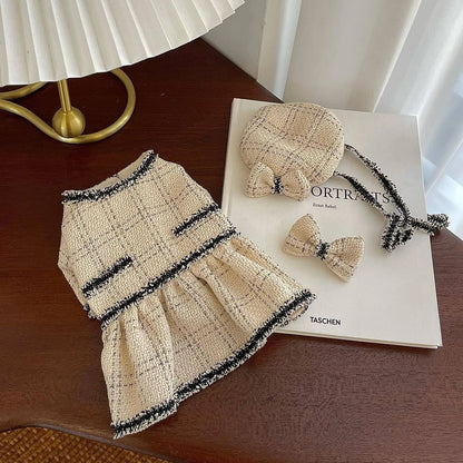 Beige cotton pet princess skirt with hairpin, sizes XS to 2XL, neck 20-35cm, bust 30-82cm, length 22-36cm