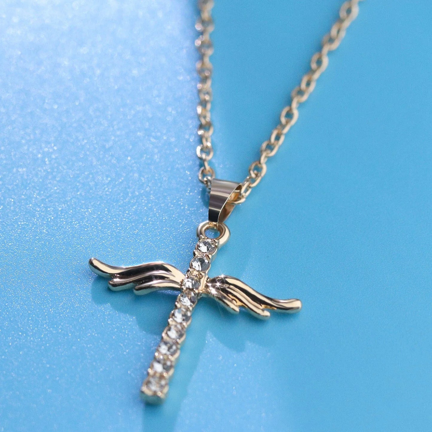 Elegant Angel Wings Cross Pendant Necklace with Adjustable Stainless Steel Chain in Gold and Silver Tones