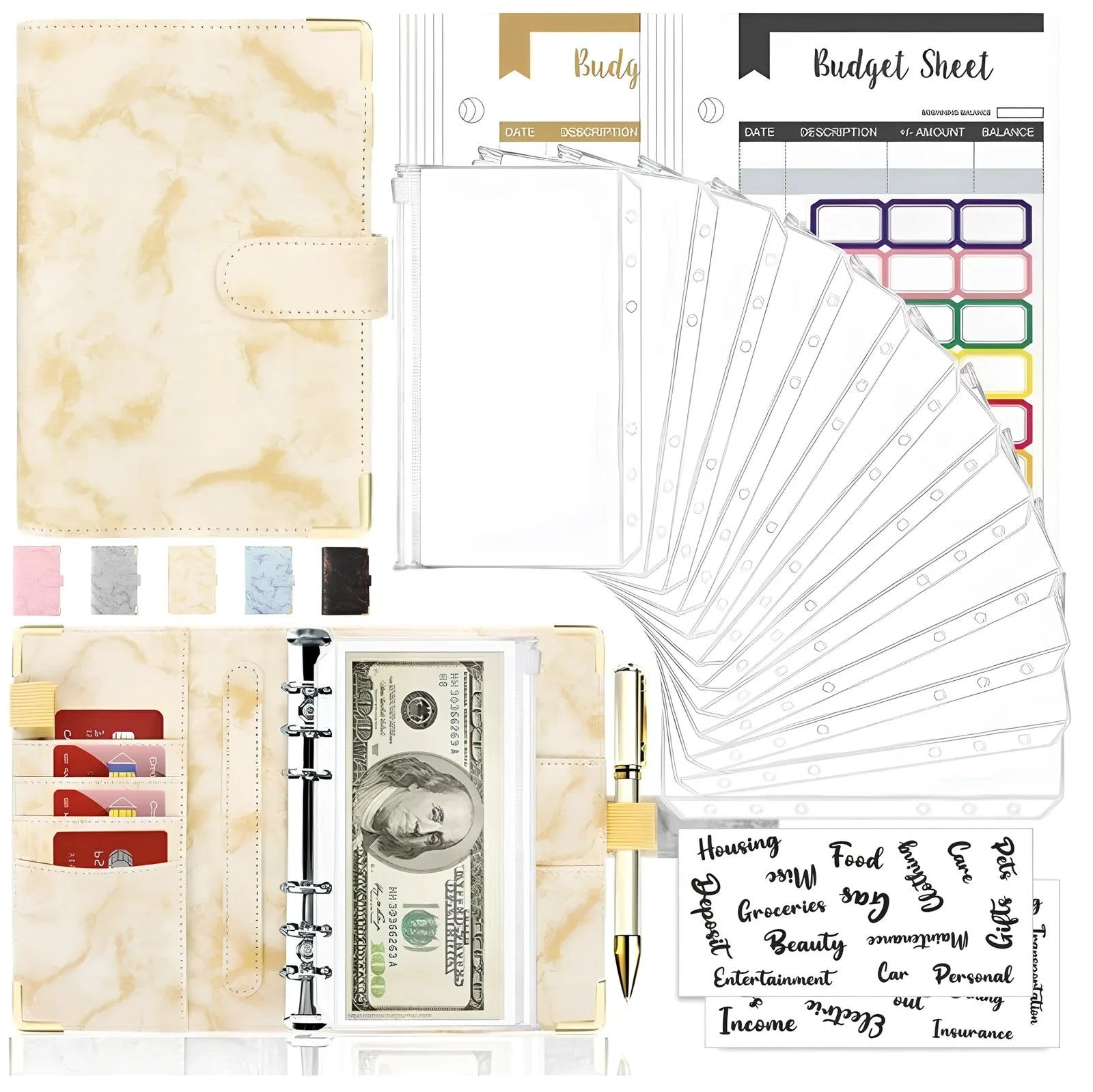 A6 leather PU binder journal open showing colour budget sheets and zip pockets with spiral binding