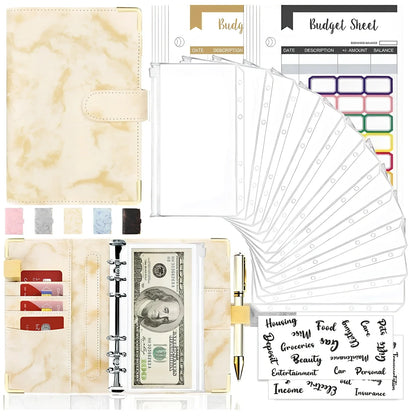 A6 leather PU binder journal open showing colour budget sheets and zip pockets with spiral binding