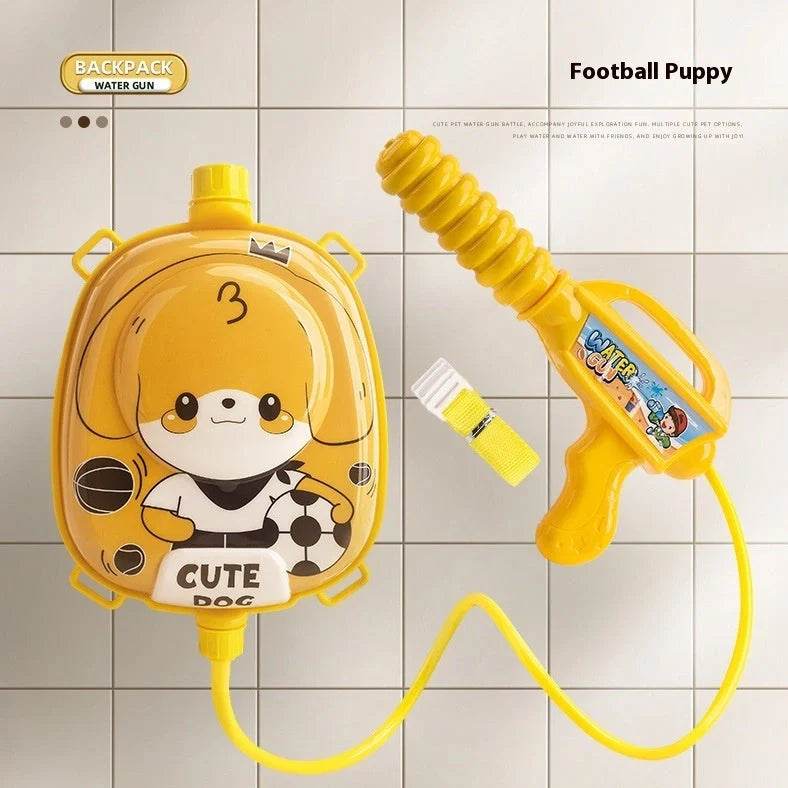 Children's backpack water gun with 1500ml capacity showing dinosaur character design and adjustable shoulder straps