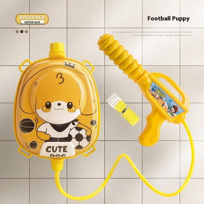 Children's backpack water gun with 1500ml capacity showing dinosaur character design and adjustable shoulder straps