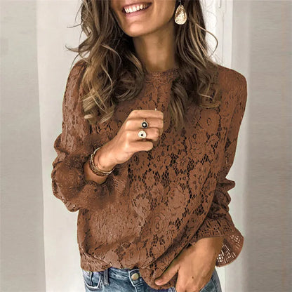 Women's hollow lace shirt with zipper detail and perspective stitching in loose medium length fit