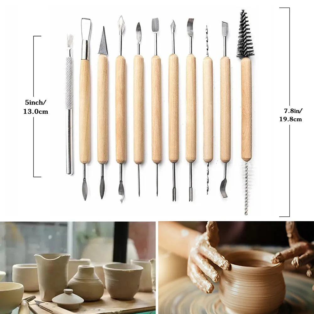 11-piece pottery clay tool set with wooden and stainless steel tools on a table.